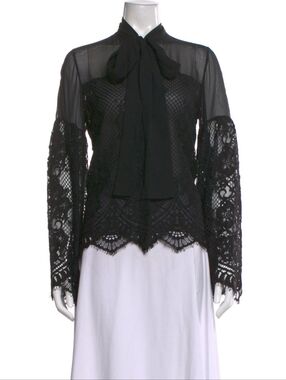 Alexis Tie Neck Black Textured Lace Blouse Small